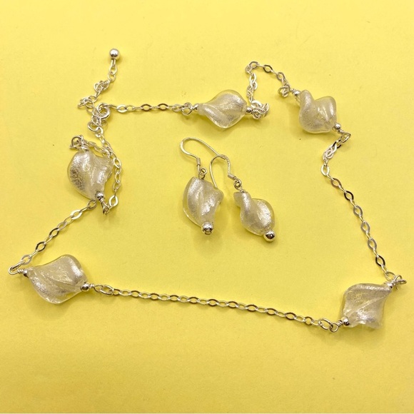 Silvertone Glass Twist Bead Necklace & Earrings Set - Picture 6 of 7